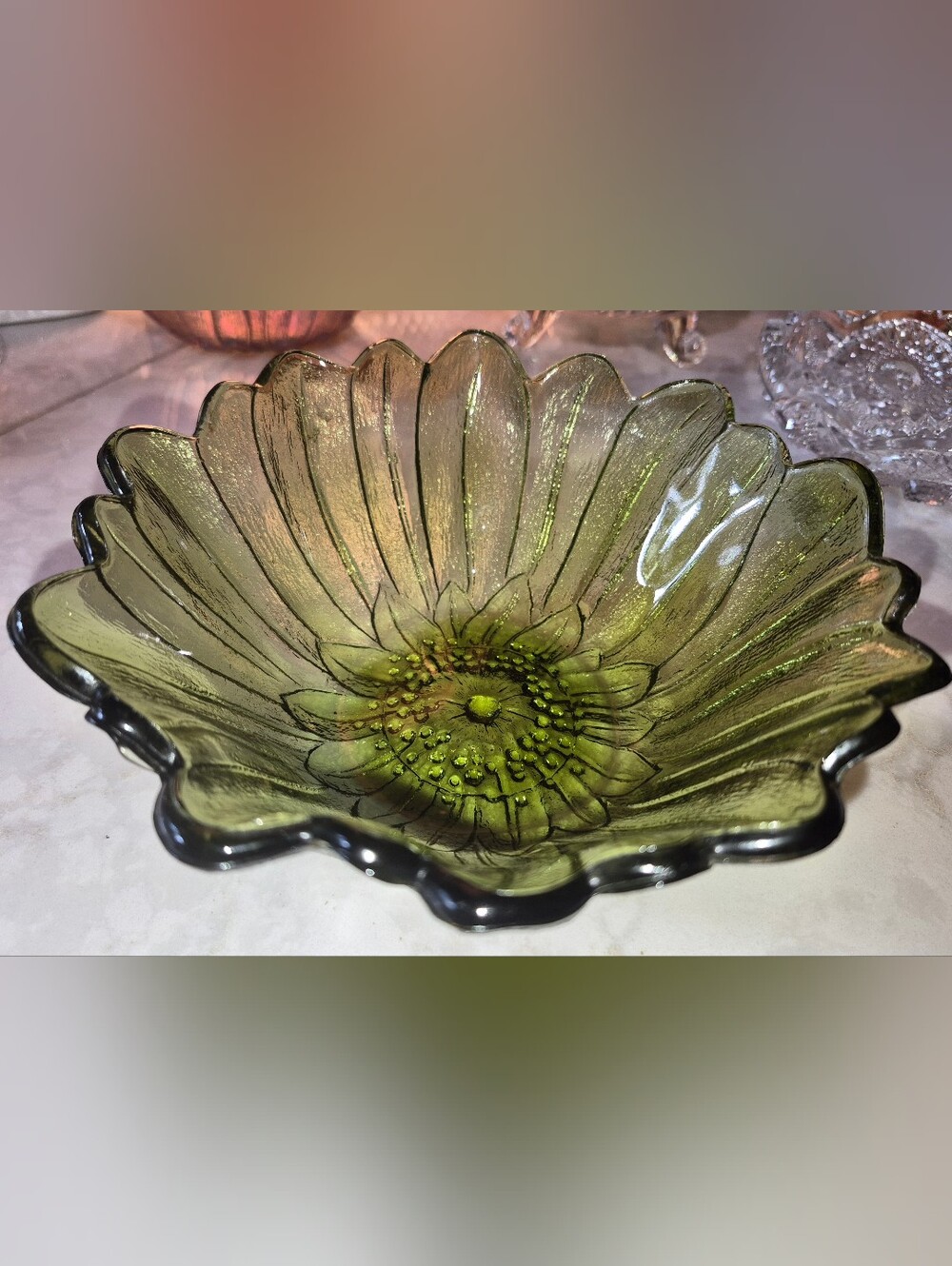 Indiana Glass Olive Green Daisy Dish